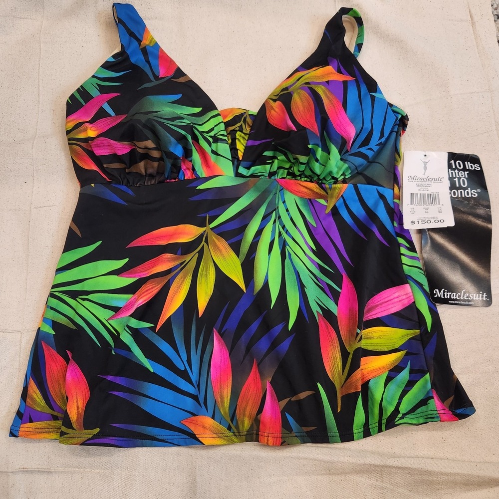 New Miraclesuit 16 Lagoon Black Tropical Leaf Swim Tankini Top Tummy Control
